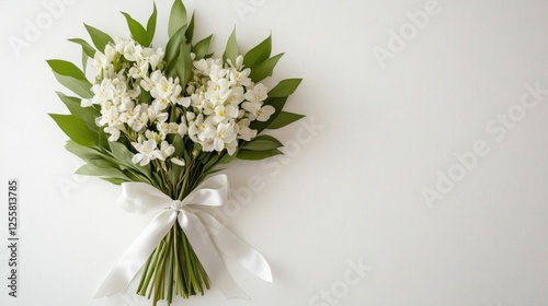 White Flower Bouquet with Ribbon on White Background