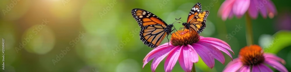 Obraz premium Two monarch butterflies nectaring on vibrant purple coneflowers , monarch butterfly, macro photography, insect