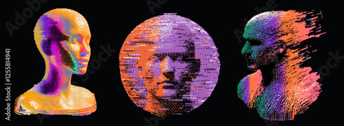 Vibrant vector illustration featuring three abstract, multicolored human heads on a black background, showcasing modern digital art techniques with a blend of texture and dynamic composition