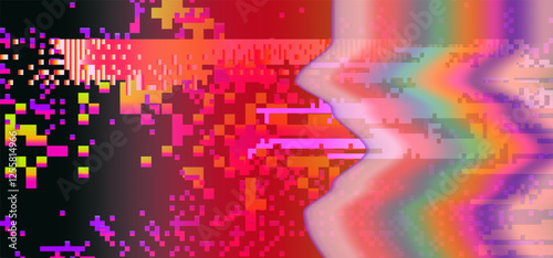 Vector illustration featuring a vibrant glitchy, abstract digital distortion with waves of pink, purple and green. Pixelated elements and a futuristic aesthetic create a striking visual effect.