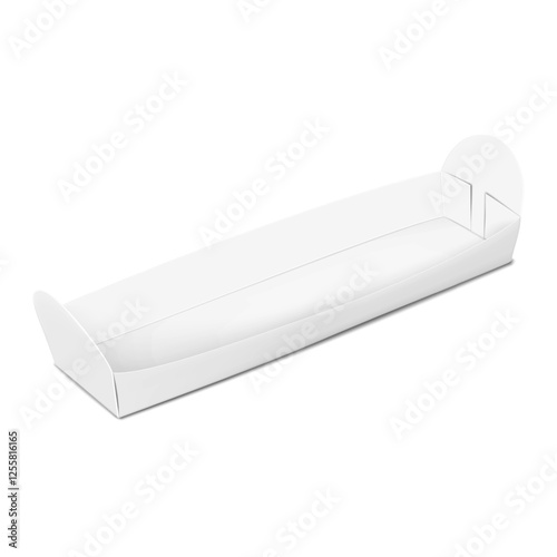 White blank paperboard food boat tray. Realistic 3d vector mockup. Paper event buffet long serving plate container. Mock-up. Disposable snack, dessert, hot dog basket. Template for design