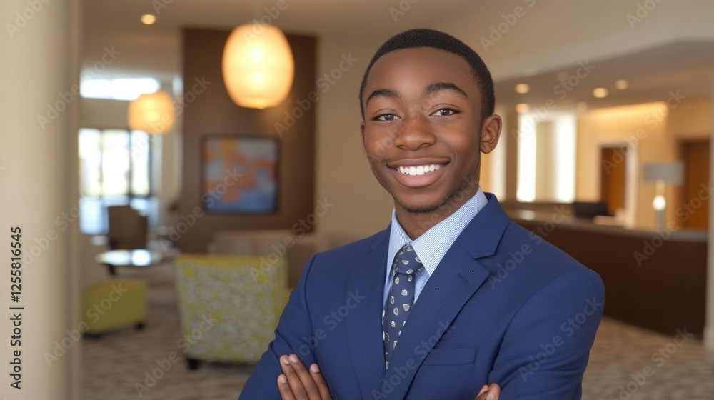 Confident Young Man in Formal Suit Smiling at a Modern Hotel Lobby Environment Confident Young Man in Formal Suit Smiling at a Modern Hotel Lobby Environment