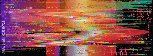 Vector illustration featuring a vibrant glitchy, abstract digital distortion with waves of pink, purple and green. Pixelated elements and a futuristic aesthetic create a striking visual effect.