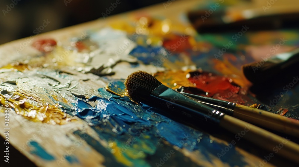 Fototapeta premium Close-up of paintbrushes and vibrant oil paints on a wooden palette