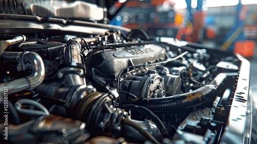 close up of a car mechanic is fixing car engine, close up of a car engine