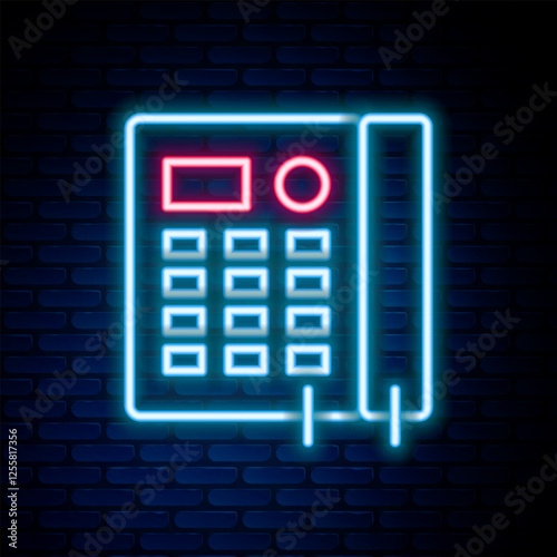 Glowing neon line Telephone icon isolated on brick wall background. Landline phone. Colorful outline concept. Vector