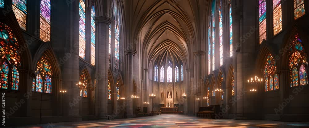 walks inside a vast, dimly lit gothic cathedral, with towering stone arches and intricate stained glass windows casting colorful patterns on the cold stone floor walks inside a vast, dimly lit gothic cathedral, with towering stone arches and intricate stained glass windows casting colorful patterns on the cold stone floor