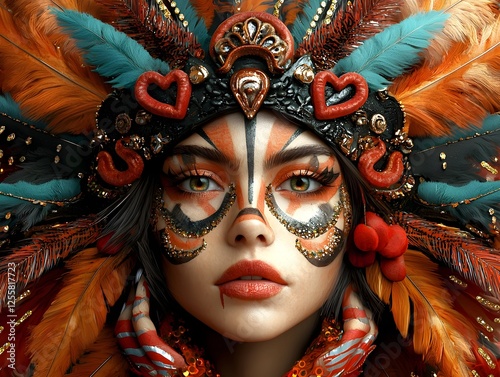 carnival themed costume pieces and ornaments featuring extravagant headdresses sparkling sequins and ornate intricate patterns rendered in a fantastical