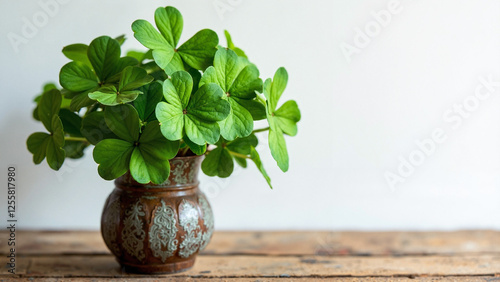 Marsilea Four-Leaf Clover in Rustic Wine Jar: Perfect for St. Patrick's Day Decor, Home Accents, and Eco-Friendly Living photo