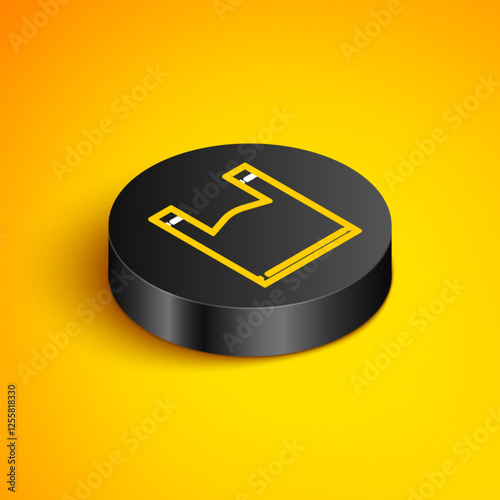 Isometric line Plastic bag icon isolated on yellow background. Disposable cellophane and polythene package prohibition sign. Black circle button. Vector