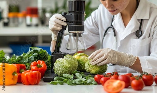 Scientist analyzes cabbage with microscope in lab for food safety research