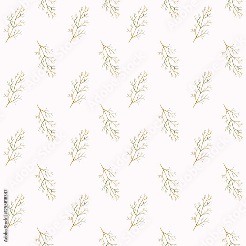 Delicate and minimalistic watercolor seamless pattern with camille leaves on light beige background. Textile design, wallpaper or packaging. Hand drawn.