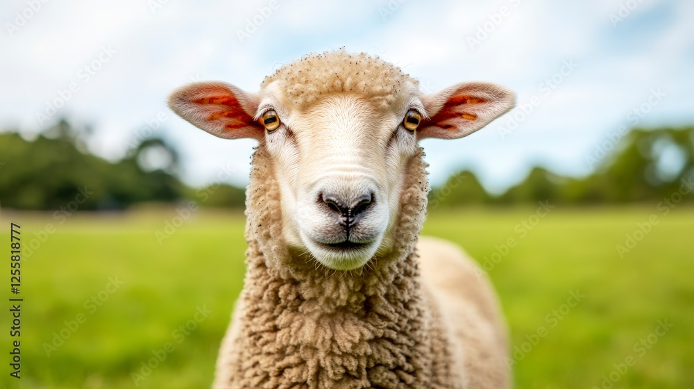 Obraz premium Cute and fluffy sheep standing in a green pasture under a clear blue sky