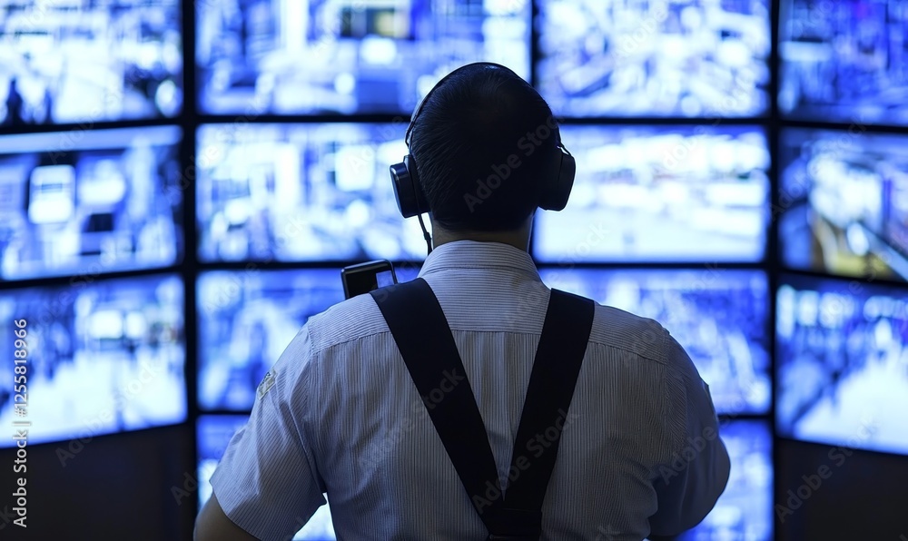 Security guard monitoring surveillance screens in control room Security guard monitoring surveillance screens in control room
