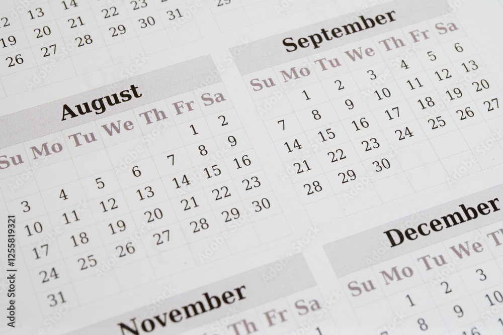 Close-up of a printed calendar for August and September
Close-up of a printed calendar for August and September