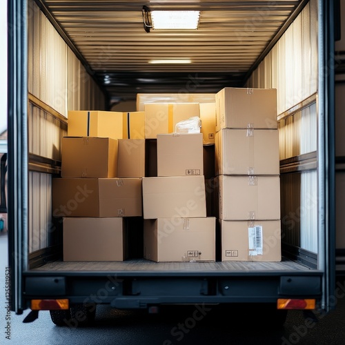 Packed Delivery Truck with Cardboard Boxes Ready for Shipment