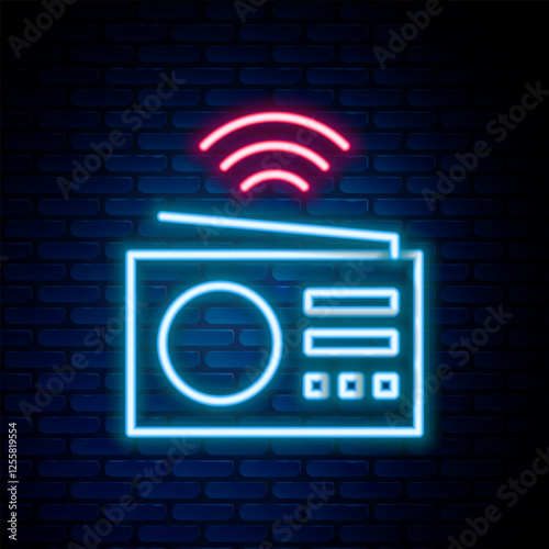 Glowing neon line Smart radio system icon isolated on brick wall background. Internet of things concept with wireless connection. Colorful outline concept. Vector