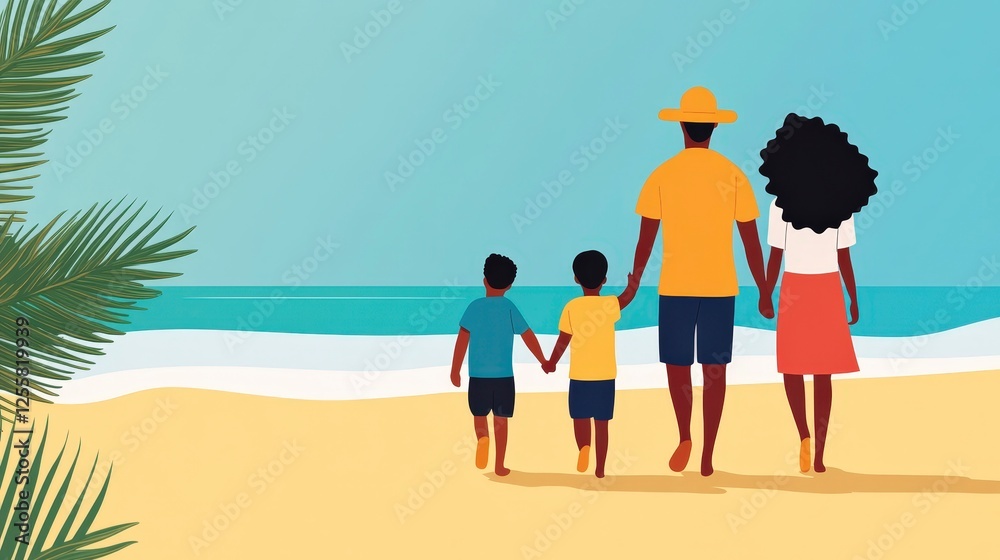 Family Walking Hand in Hand on Beach During Sunny Day with Ocean View Family Walking Hand in Hand on Beach During Sunny Day with Ocean View