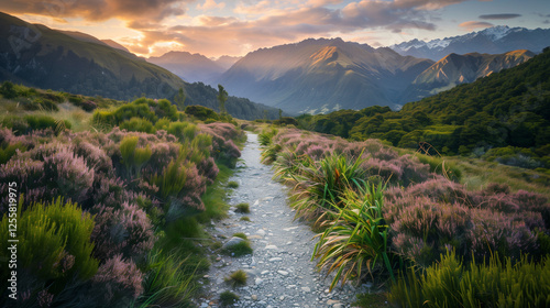 footpath dense ferns mountains sunrise stream vibrant colors nature scenery path