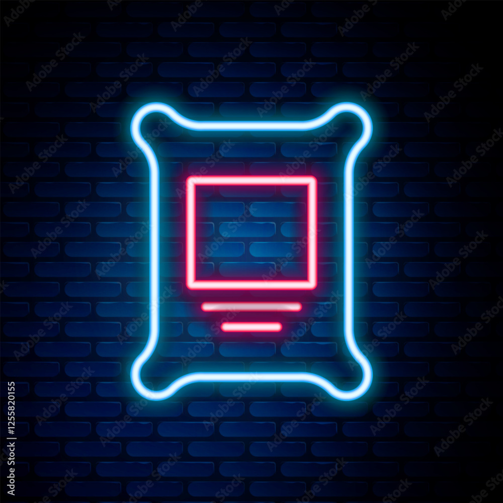 Glowing neon line Fertilizer bag icon isolated on brick wall background. Colorful outline concept. Vector