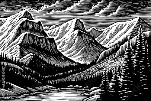 national park dramatic alpine scenery landscape black and white hand drawn sketch