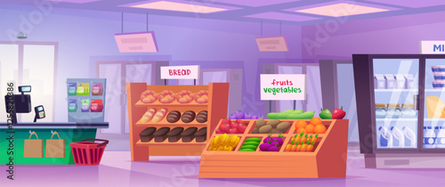 Grocery mall. Interior set of different grocery products in shopping mall exact vector cartoon background