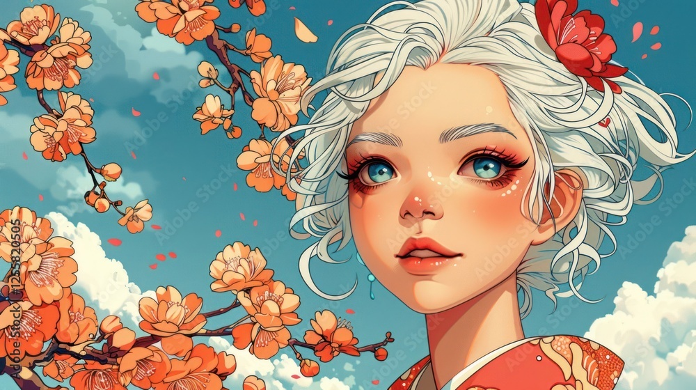 Fototapeta premium A young woman in a kimono surrounded by cherry blossoms against a blue sky.