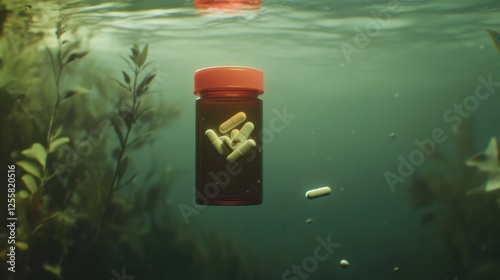 Wallpaper Mural A surreal slow-motion shot of a floating pill bottle, its pills suspended in a luminous underwater glow. Torontodigital.ca
