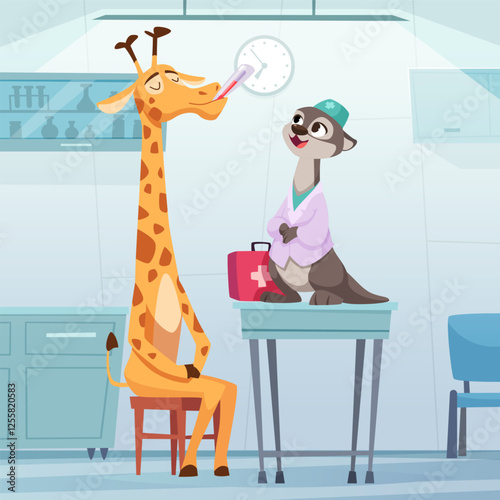 Animal doctor. giraffe at a doctor appointment. medical consulting in cabinet
