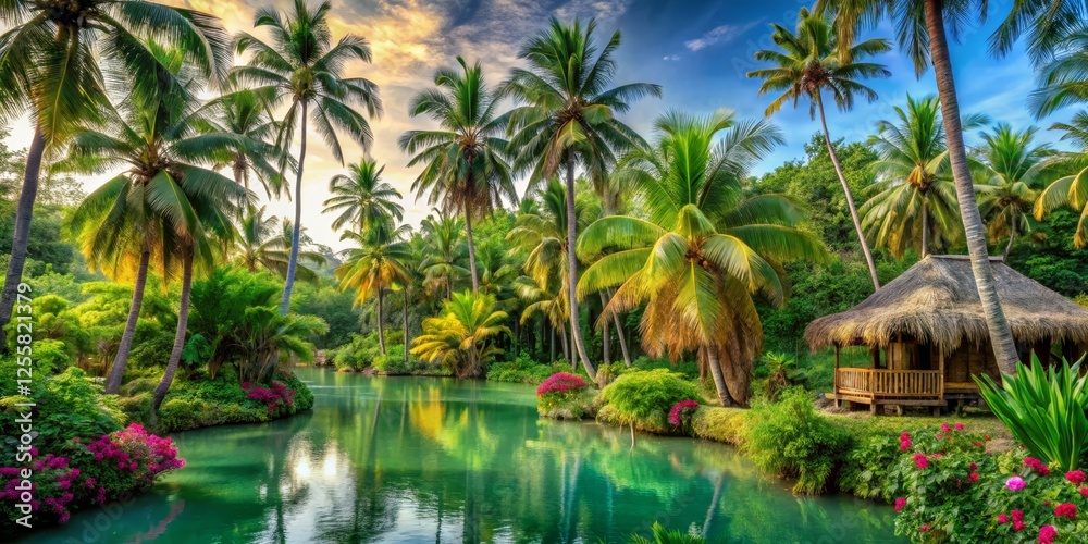 Serene Tropical Paradise with Lush Palm Trees and Calm Waters Serene Tropical Paradise with Lush Palm Trees and Calm Waters