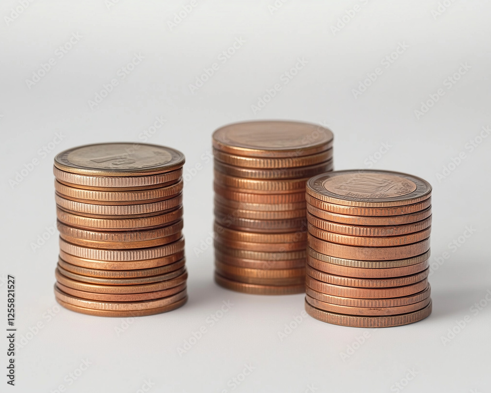 Neatly stacked copper coins on white background. Neatly stacked copper coins on white background.