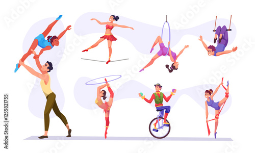 Acrobats. Performance gymnasts circus equilibrists in action poses exact vector circus show characters