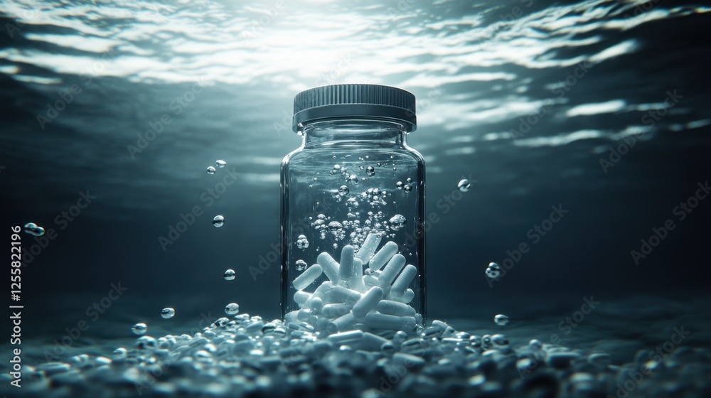 A surreal underwater shot of a translucent medicine bottle releasing pills as bubbles form around them.