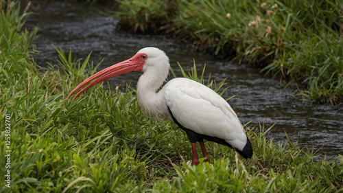 Captivating Crested Ibis: A Rare Glimpse of Nipponia Nippon in Lush Habitat - Conservation, Wildlife Photography, Birdwatching Delight photo