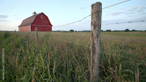 Red barn in rural field at sunset, farm life