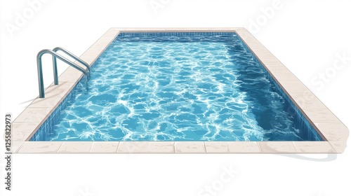 Swimming pool with clear blue water and steps, white isolated background.