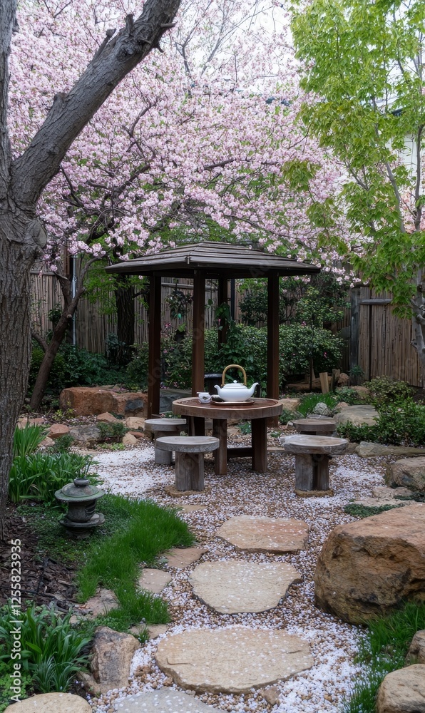 Tea set on table in tranquil Japanese garden with cherry blossoms in spring Tea set on table in tranquil Japanese garden with cherry blossoms in spring
