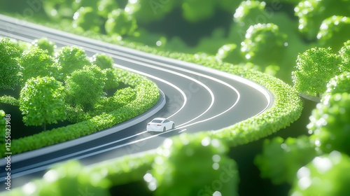 Sustainable Highway Innovation, eco-friendly road designed for electric and hydrogen vehicles, featuring green spaces and innovative transportation solutions for a cleaner future photo