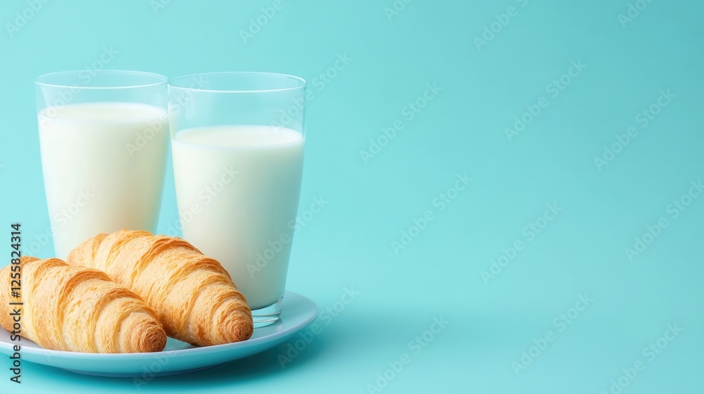Two glasses of milk and croissants on a plate against a turquoise background. Two glasses of milk and croissants on a plate against a turquoise background.