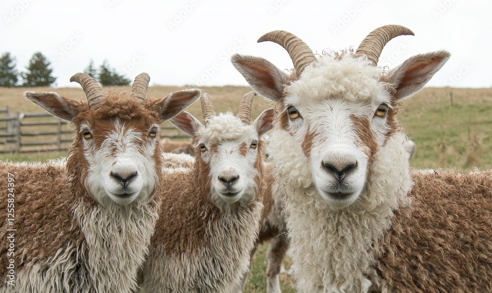 Three sheep with horns in a field, looking at the camera Three sheep with horns in a field, looking at the camera