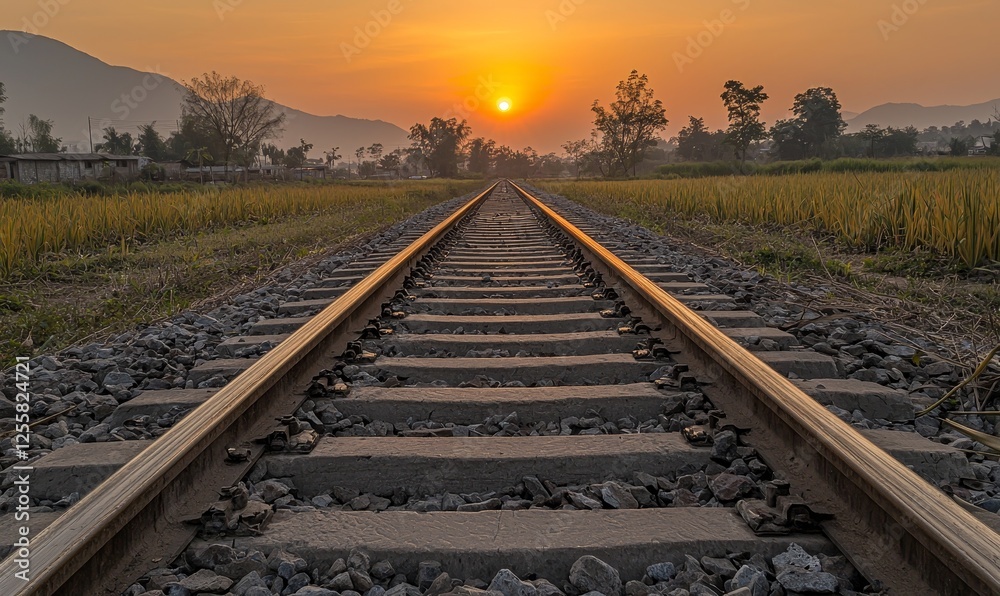 Fototapeta premium Train tracks at sunset in rural landscape