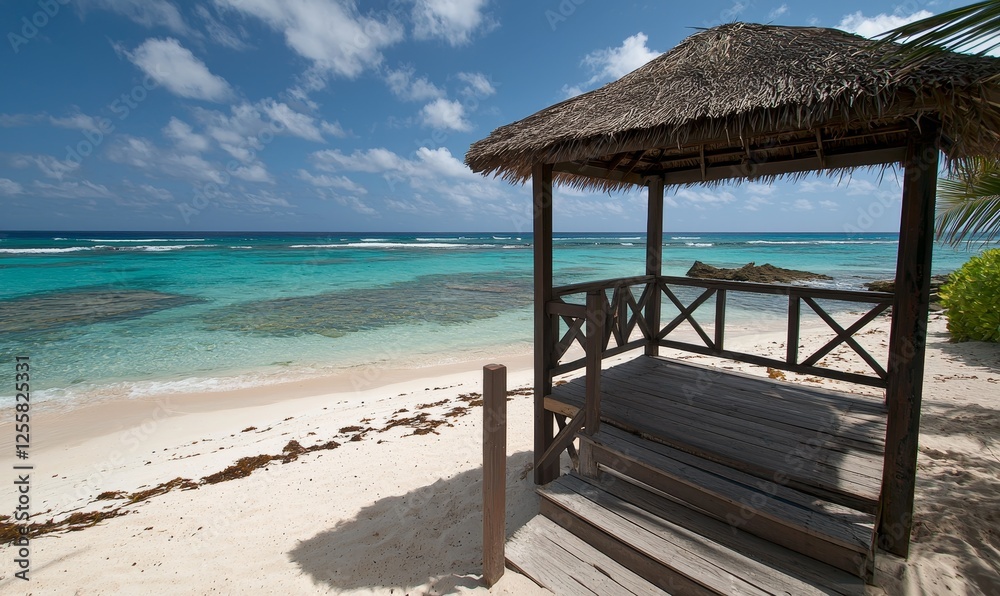 Tropical beach gazebo with turquoise water and white sand under sunny sky Tropical beach gazebo with turquoise water and white sand under sunny sky