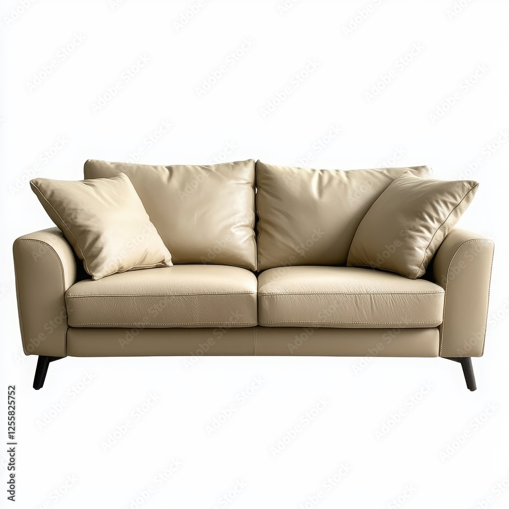 Fototapeta premium Stylish beige leather sofa with plush cushions, isolated on white background.