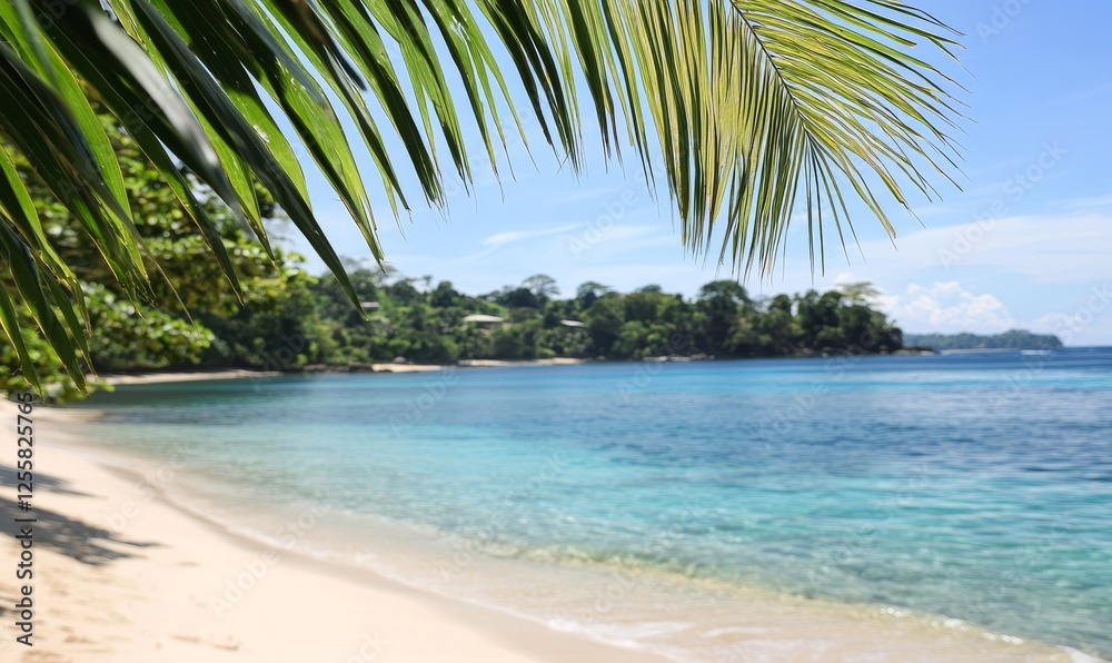 Obraz premium Tropical beach with palm trees, turquoise water, and lush hillside in background
