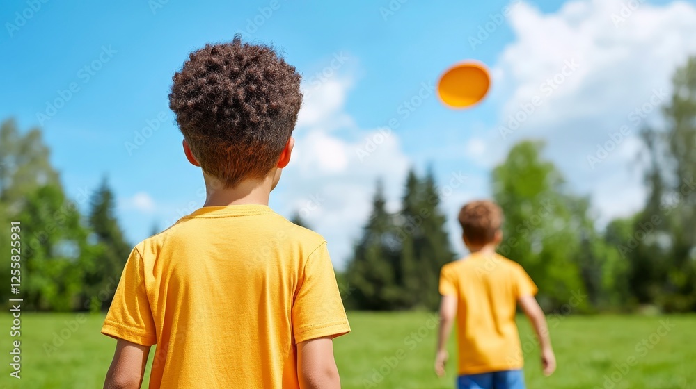 Naklejka premium Children Playing with Frisbee in Green Park Under Bright Blue Sky on a Sunny Day