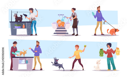 Pet service. Bathing grooming and haircuts for domestic dogs exact vector puppies in cartoon style