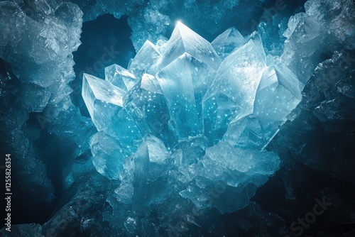 Luminous blue ice crystals cluster in a dark cave, showcasing intricate formations and ethereal glow.