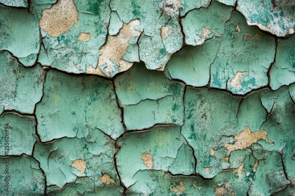 Obraz premium Cracked teal paint on a weathered surface, showing age and decay.