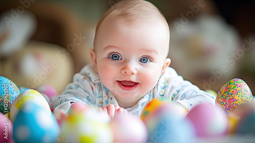 joyful baby surrounded by colorful Easter eggs, smiling brightly in festive setting. scene captures essence of celebration and innocence, with vibrant colors enhancing cheerful mood