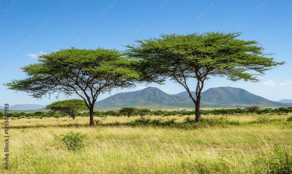Two acacia trees on African savanna with mountains, grassland, and blue sky Two acacia trees on African savanna with mountains, grassland, and blue sky